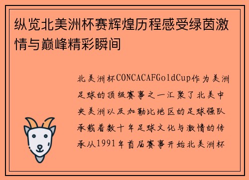 纵览北美洲杯赛辉煌历程感受绿茵激情与巅峰精彩瞬间